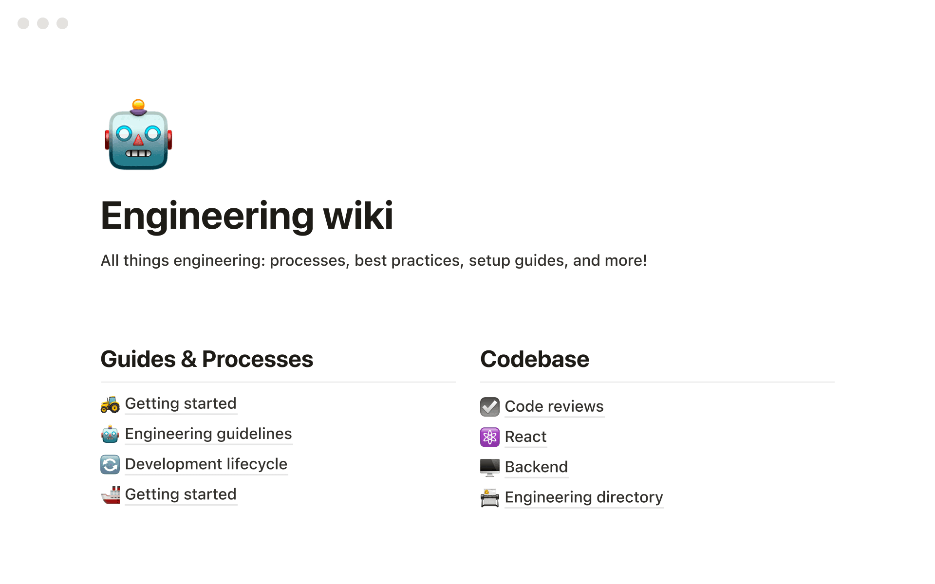 エンジニアリングWikiを示すNotionワークスペースのスクリーンショット
